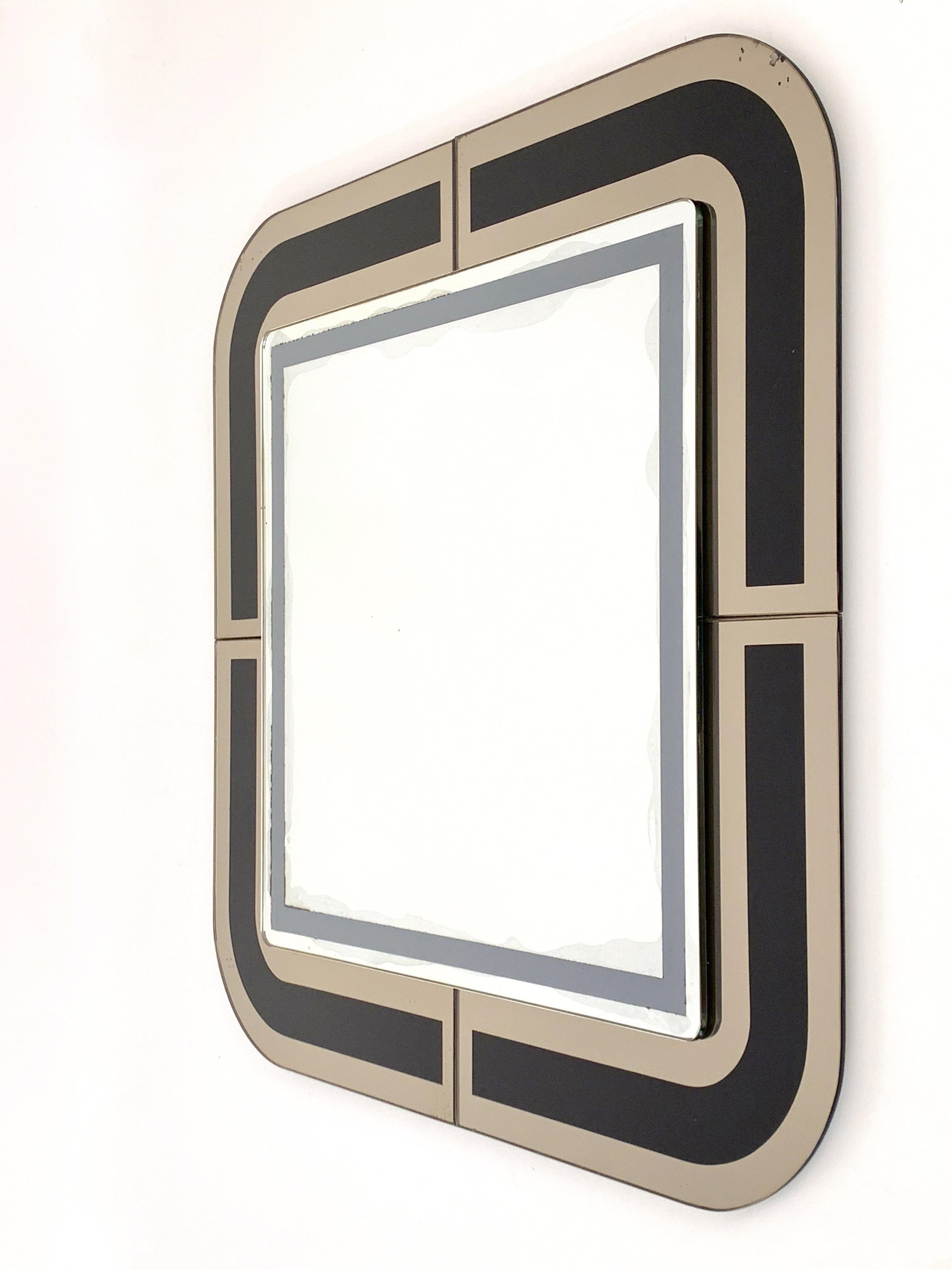 Bronzed Midcentury Italian Designed Square Italian Mirror with Double Frame, 1980s
