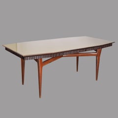 Midcentury Italian Dining Table with Green Glass Top and Fluted Edge