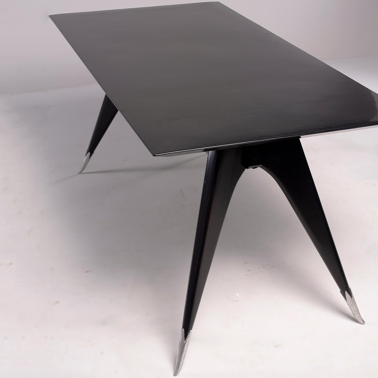 20th Century Midcentury Italian Ebonized Dining Table with Tapered Legs and Silver Leg Caps