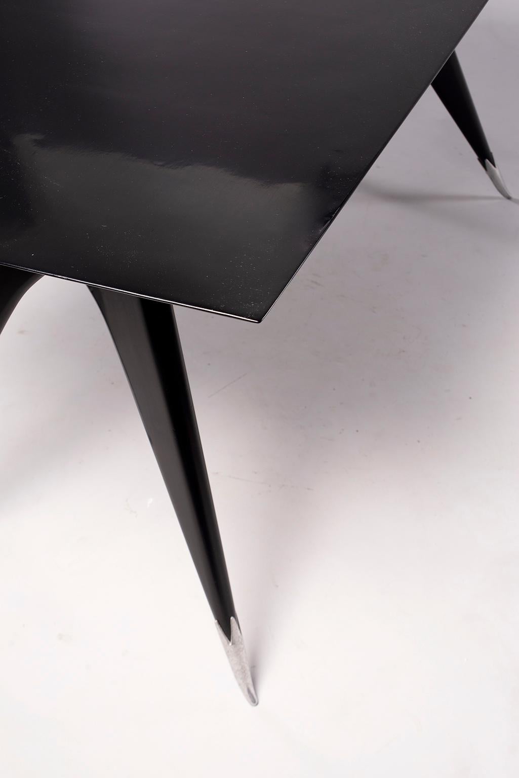 Metal Midcentury Italian Ebonized Dining Table with Tapered Legs and Silver Leg Caps