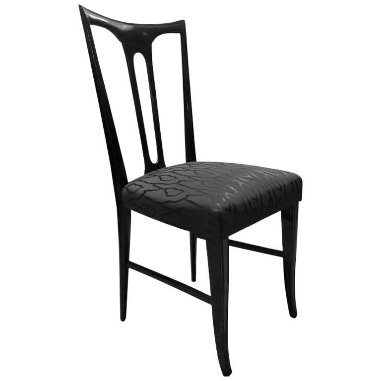 Midcentury Italian Ebonized Occasional Chair in Black Patterned Satin For Sale