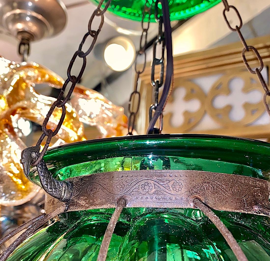 Bronze Midcentury Italian Emerald Glass Lantern For Sale