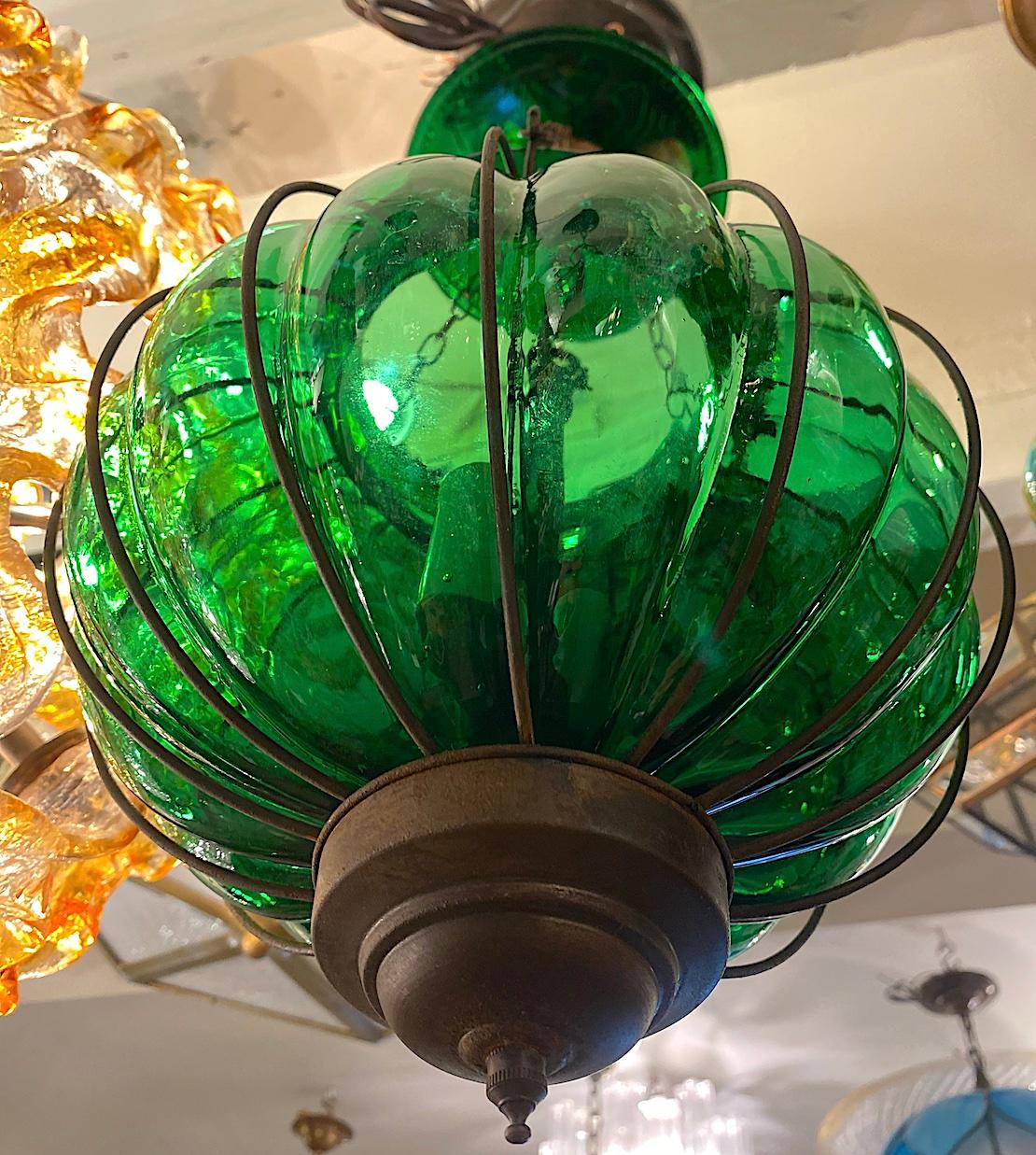 Midcentury Italian Emerald Glass Lantern For Sale 2