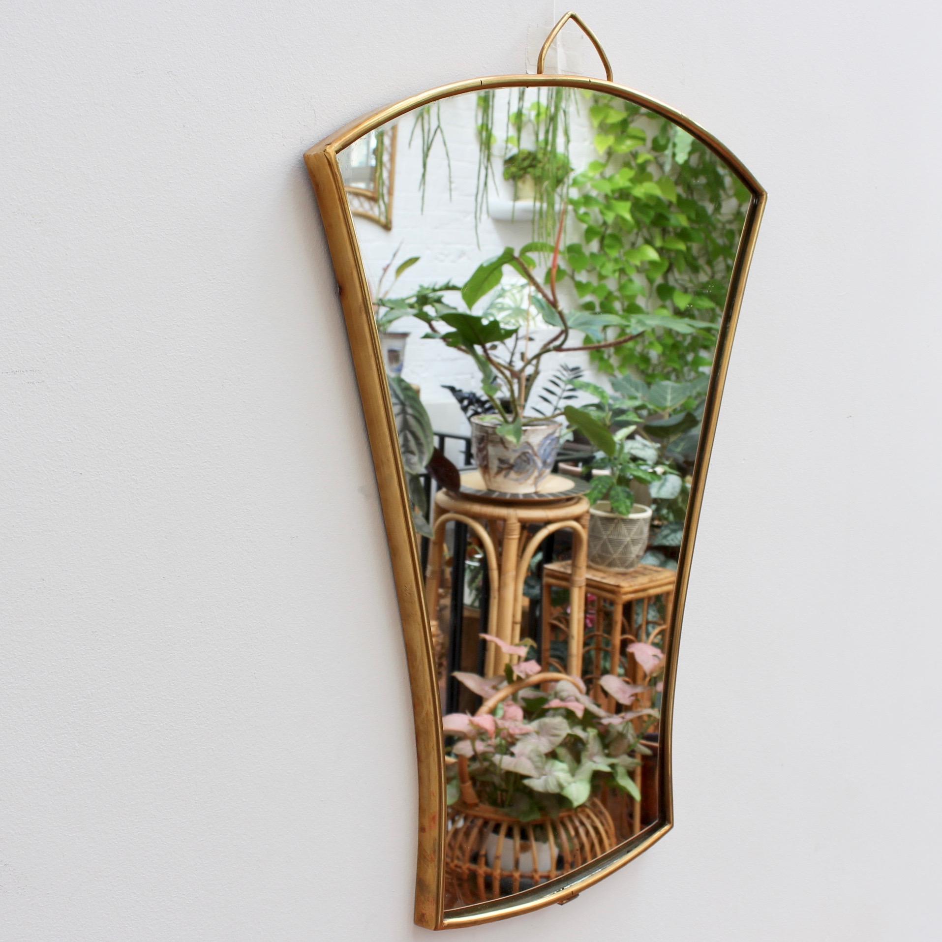 Midcentury Italian Fan-Shaped Wall Mirror with Brass Frame, circa 1950s, Small In Fair Condition In London, GB