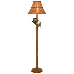 Retro Midcentury Italian Faux Bamboo Floor Lamp with Parrots and Bamboo Lamp Shade