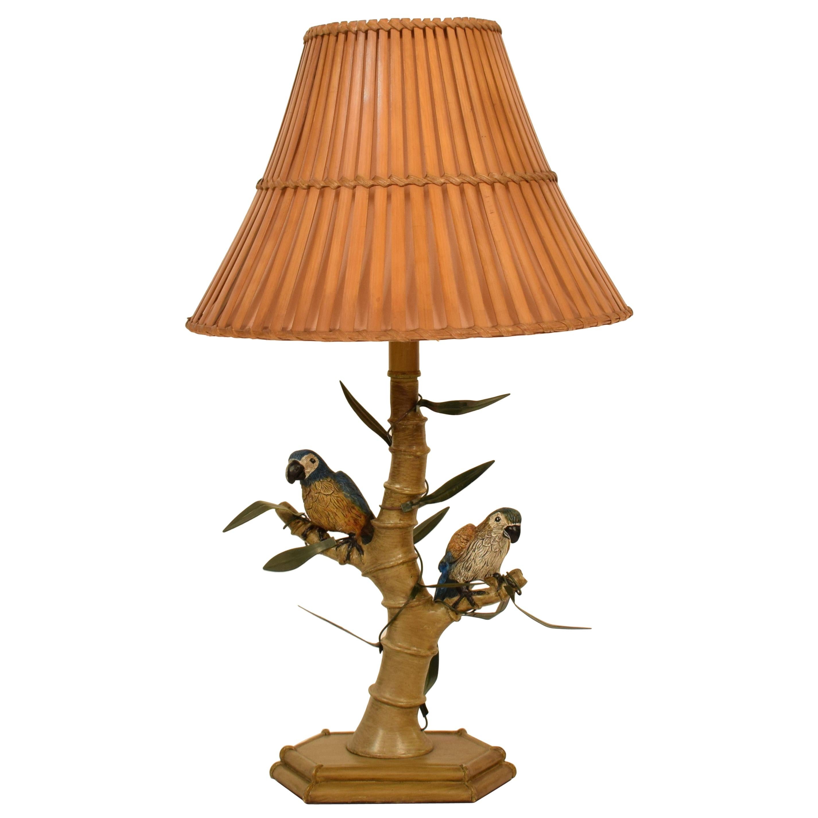 Midcentury Italian Faux Bamboo Table Lamp with Parrots and Bamboo Lamp Shade
