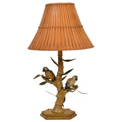 Retro Midcentury Italian Faux Bamboo Table Lamp with Parrots and Bamboo Lamp Shade