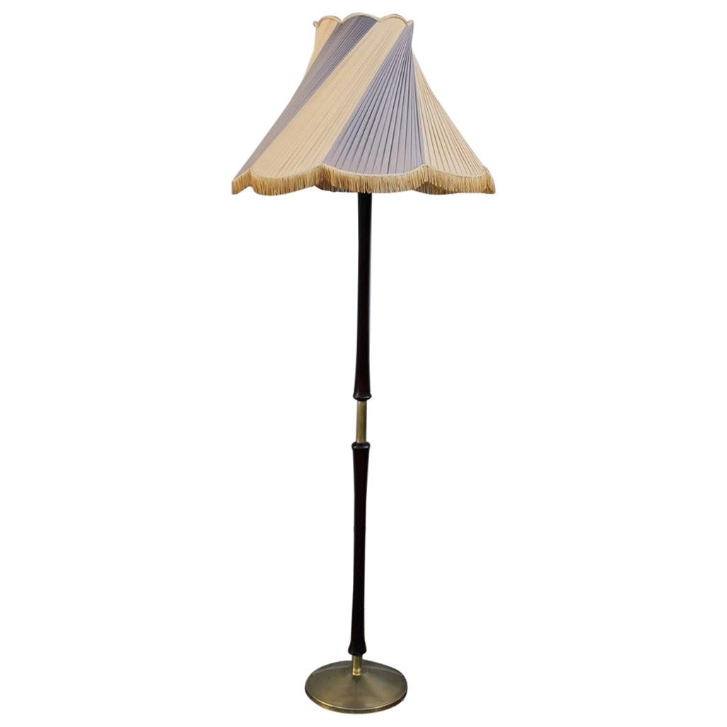 Midcentury Italian Floor Lamp Mahogany Brass Gold Italian Design Fabric Dome For Sale