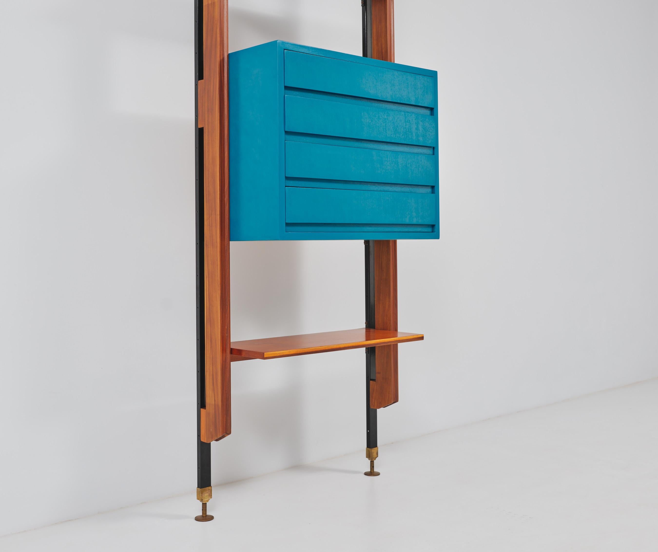 Brass Midcentury Italian Floor to Ceiling Teak Modular Wall Unit For Sale