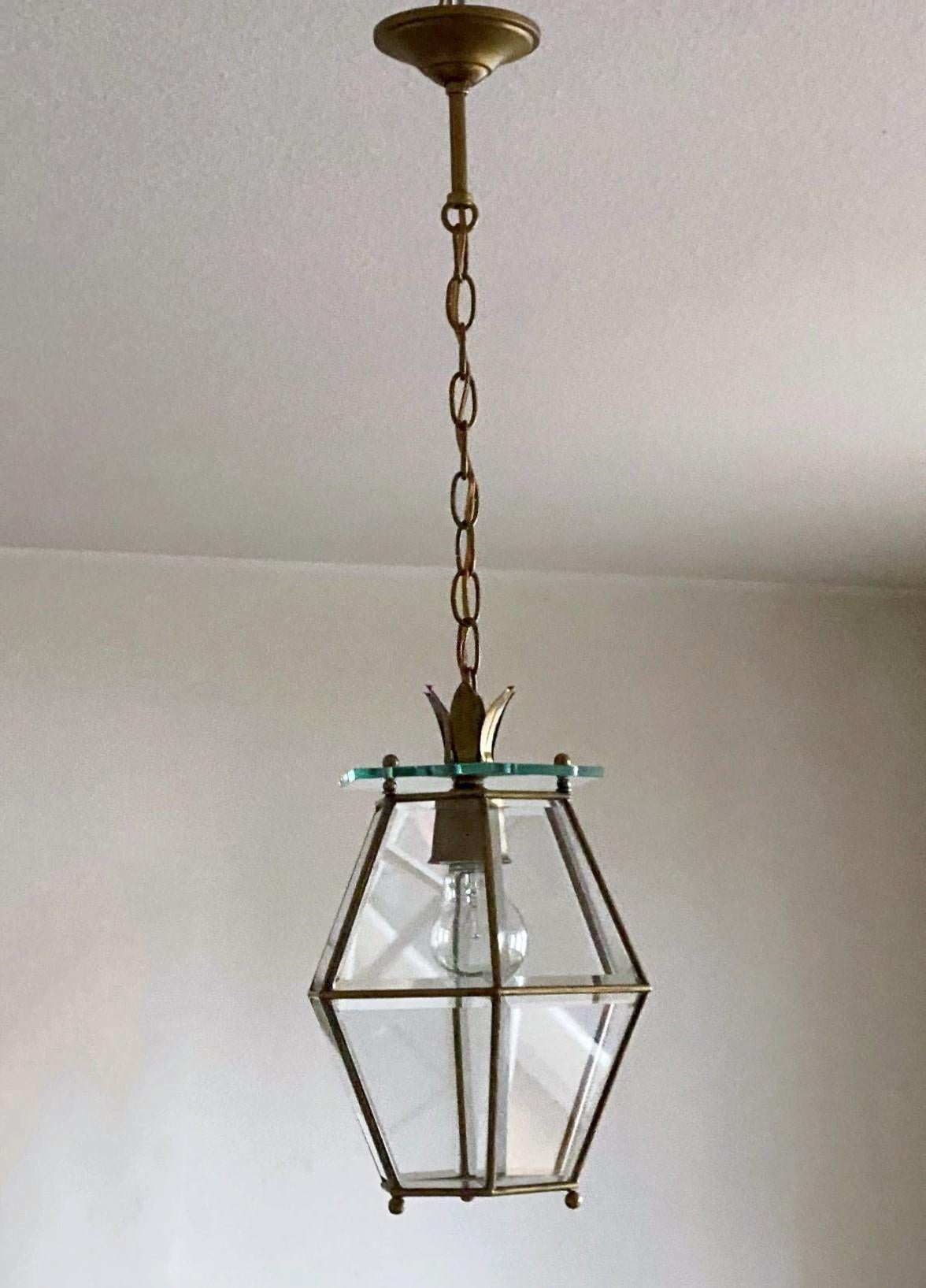 Art Deco Midcentury Fontana Arte Style Faceted Glass Brass Lantern, Italy, 1950s For Sale