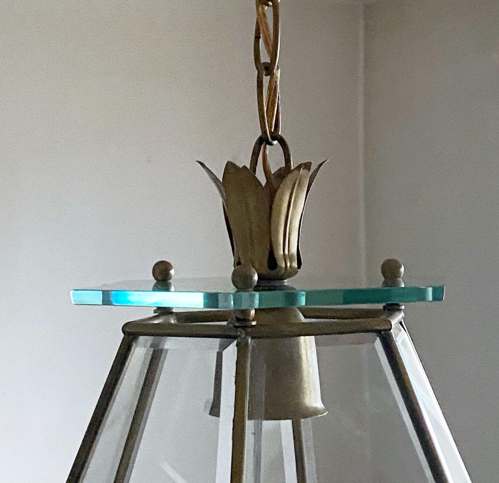 20th Century Midcentury Fontana Arte Style Faceted Glass Brass Lantern, Italy, 1950s For Sale