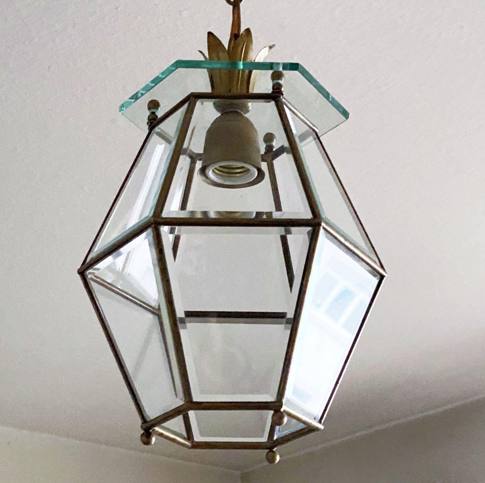 Midcentury Fontana Arte Style Faceted Glass Brass Lantern, Italy, 1950s For Sale 1