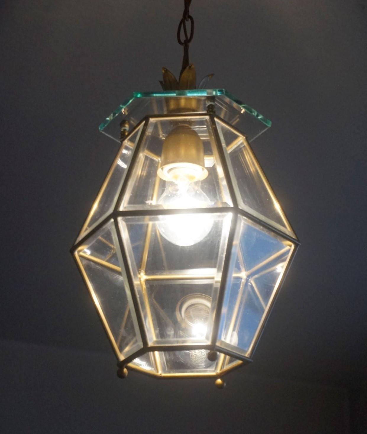 Midcentury Fontana Arte Style Faceted Glass Brass Lantern, Italy, 1950s For Sale 2
