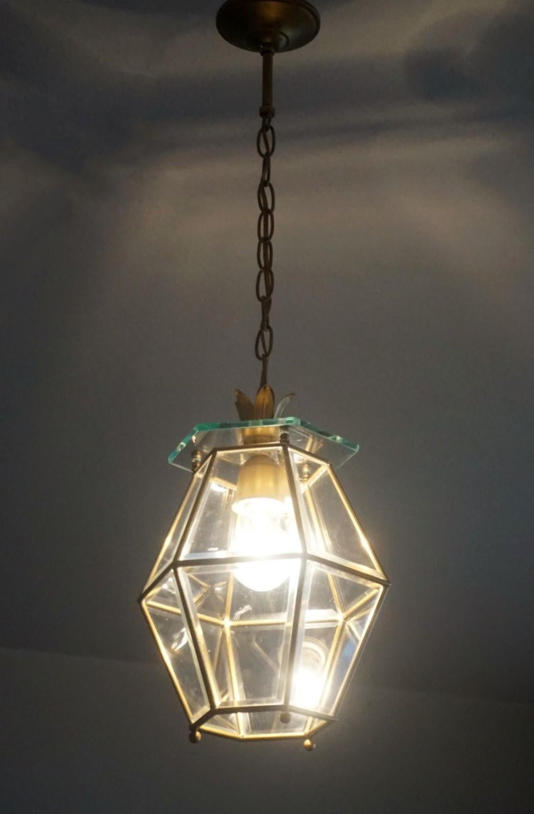 Midcentury Fontana Arte Style Faceted Glass Brass Lantern, Italy, 1950s For Sale 3
