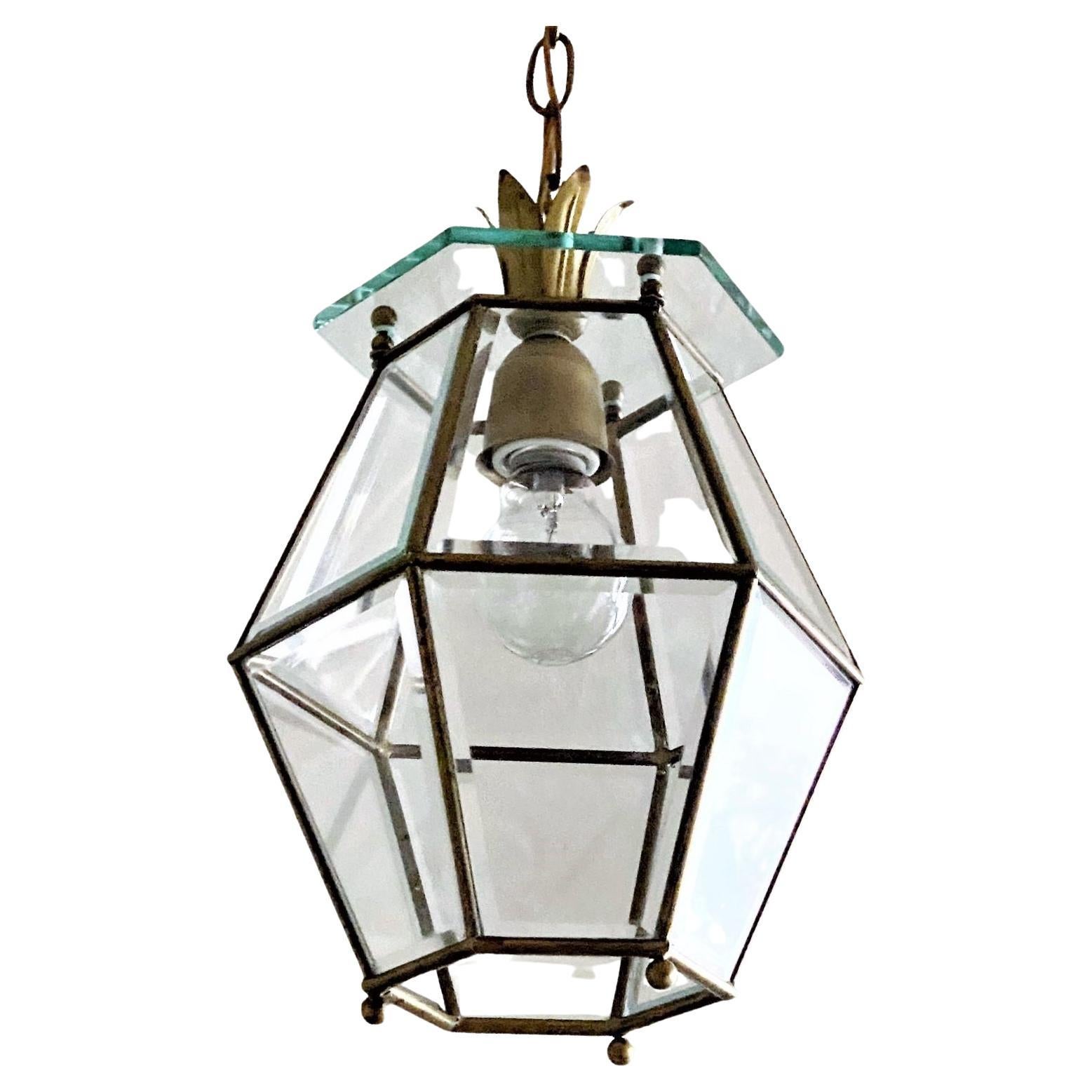 Midcentury Italian Fontana Arte Style Faceted Glass Brass Lantern, 1950s