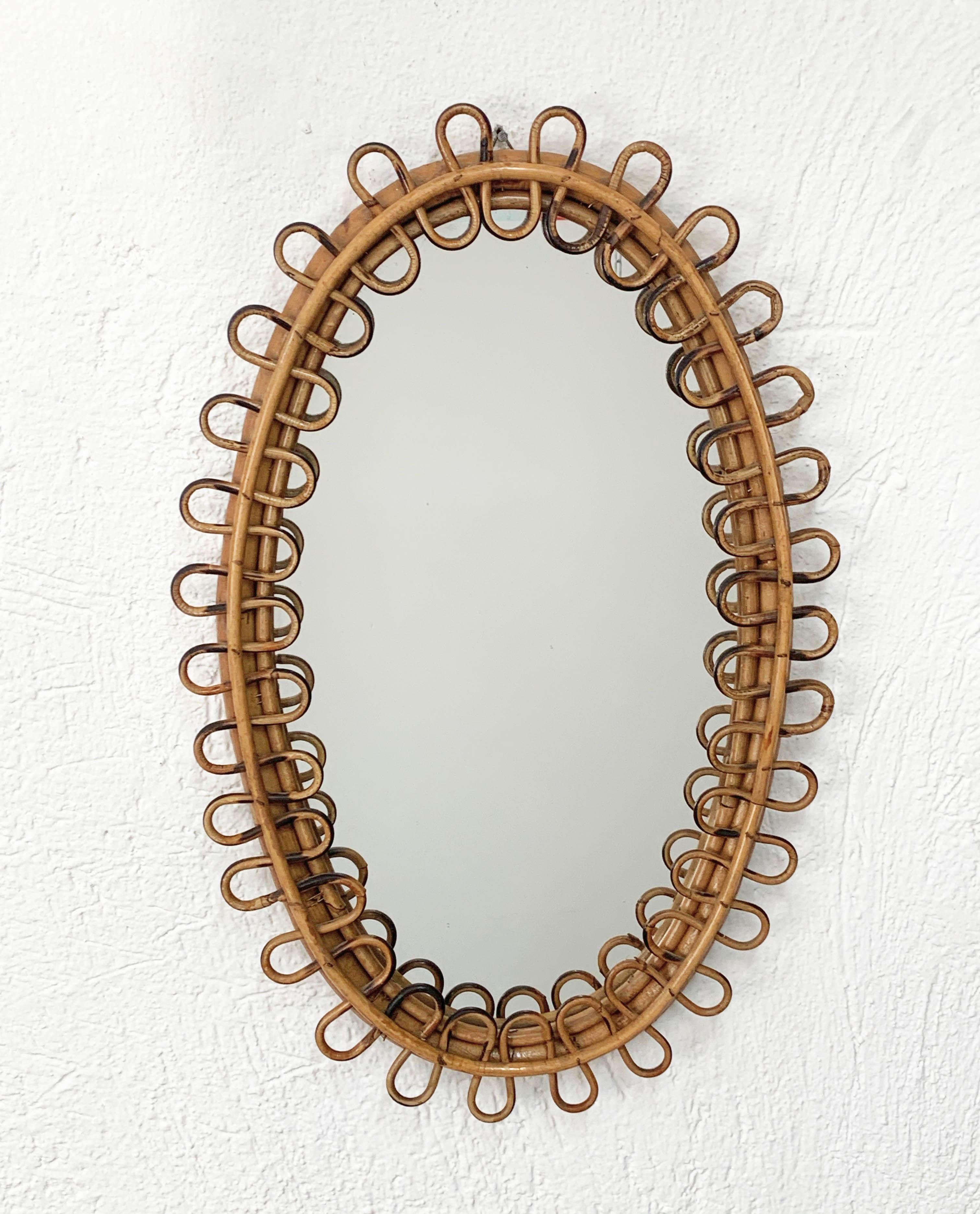 Midcentury Italian Franco Albini Rattan and Bamboo Oval Mirror, Italy, 1950s In Good Condition In Roma, IT