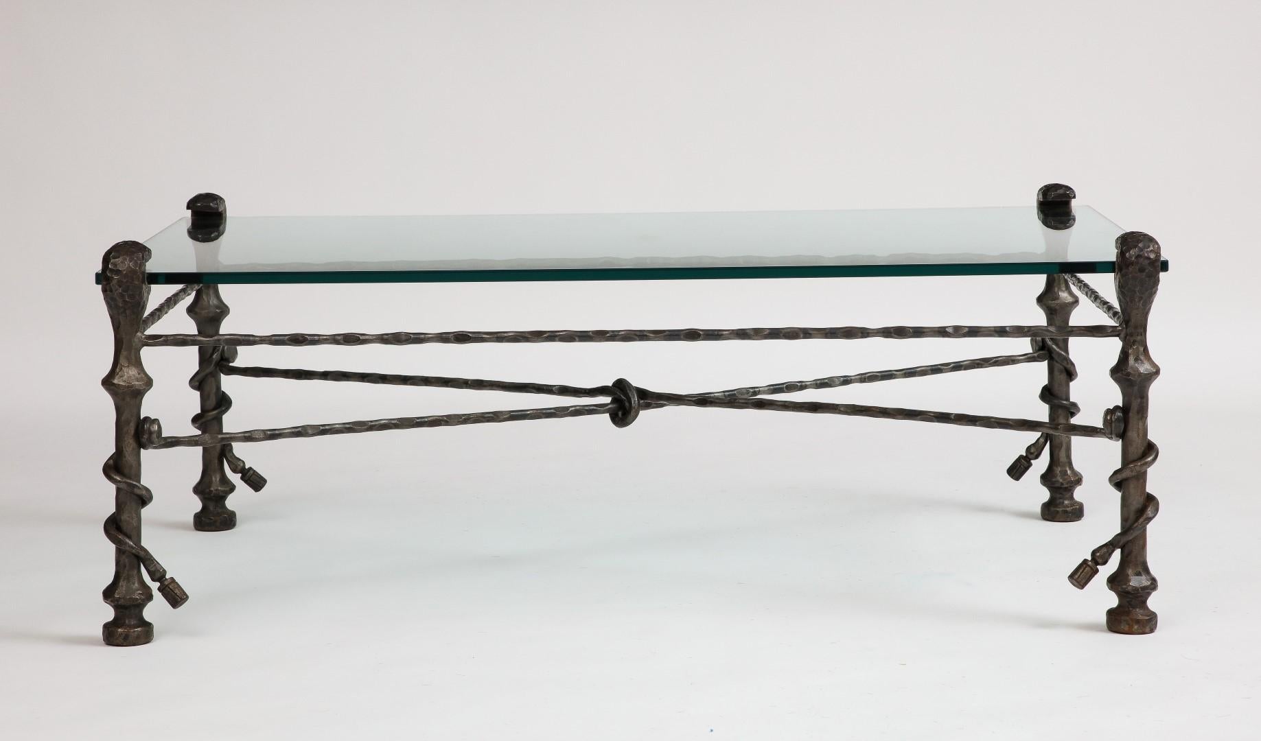 Midcentury Italian Giacometti-Style coffee table, bronze base circa 1950. Newly made tempered glass top. 