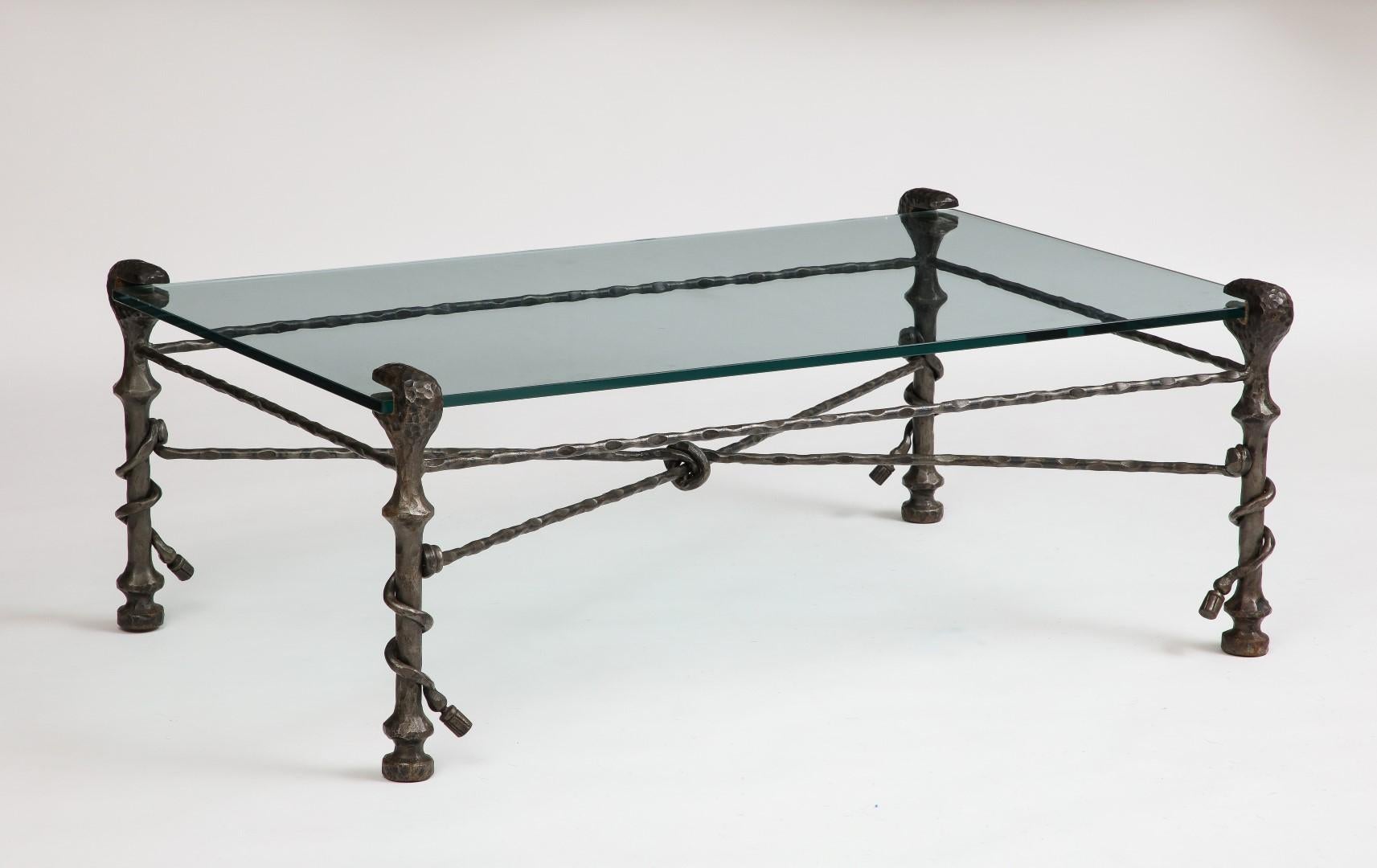 Midcentury Italian Giacometti-Style Bronze Coffee Table with Glass Top, c. 1950 In Good Condition In Chicago, IL