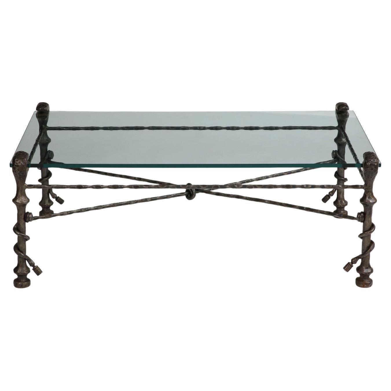 Midcentury Italian Giacometti-Style Bronze Coffee Table with Glass Top, c. 1950