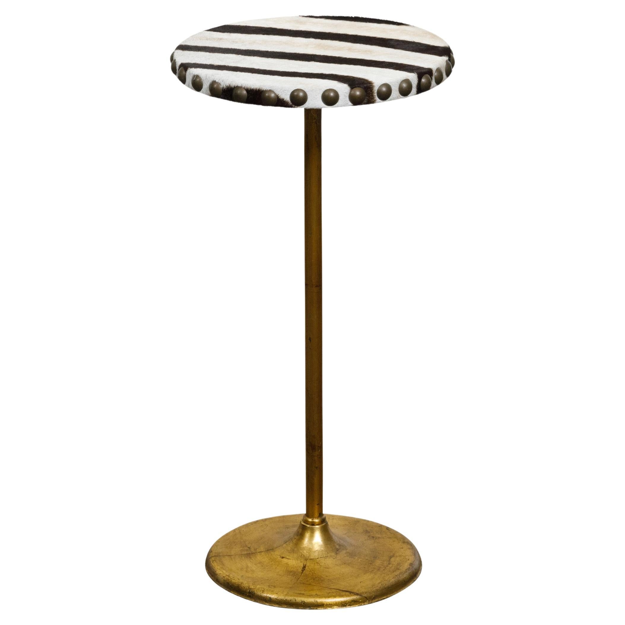 Midcentury Italian Gilt Brass Gueridon Side Table with Circular Zebra Hide Top