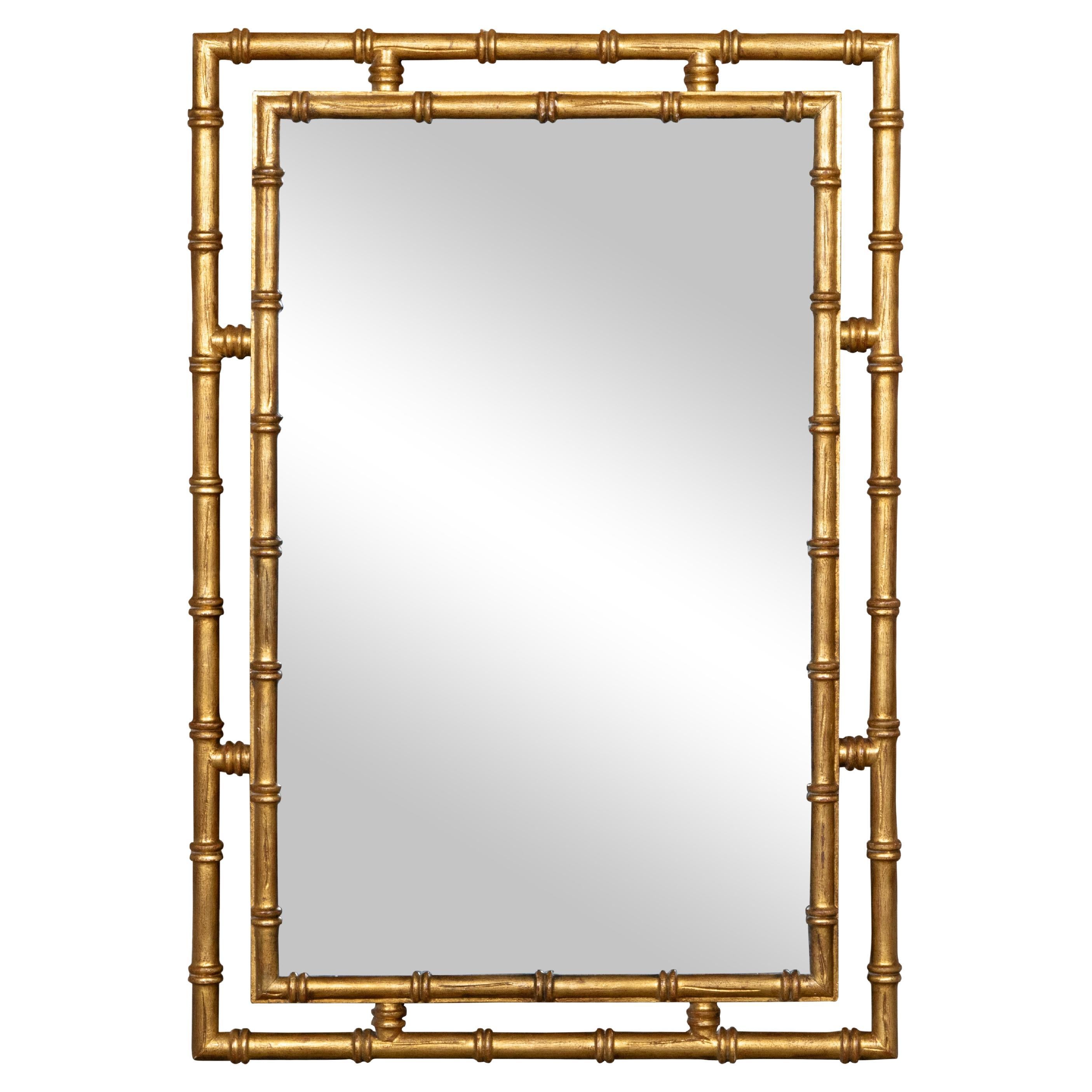 Midcentury Italian Gilt Faux Bamboo Mirror with Beveled Glass