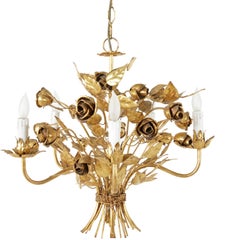 Midcentury Italian Gilt Metal Chandelier with Five Lights