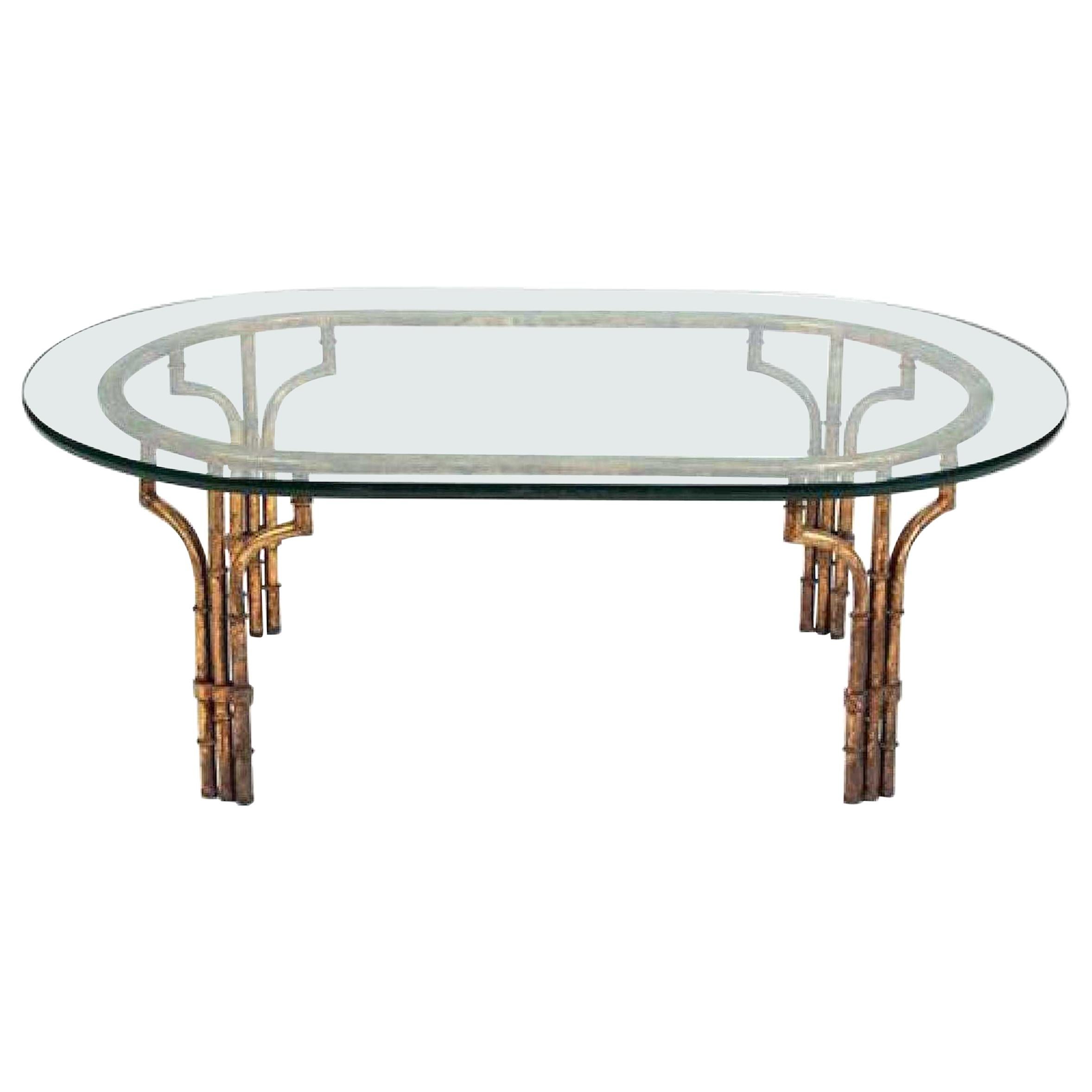Midcentury Italian Gilt Metal Faux- Bamboo Glass Top Coffee Table
