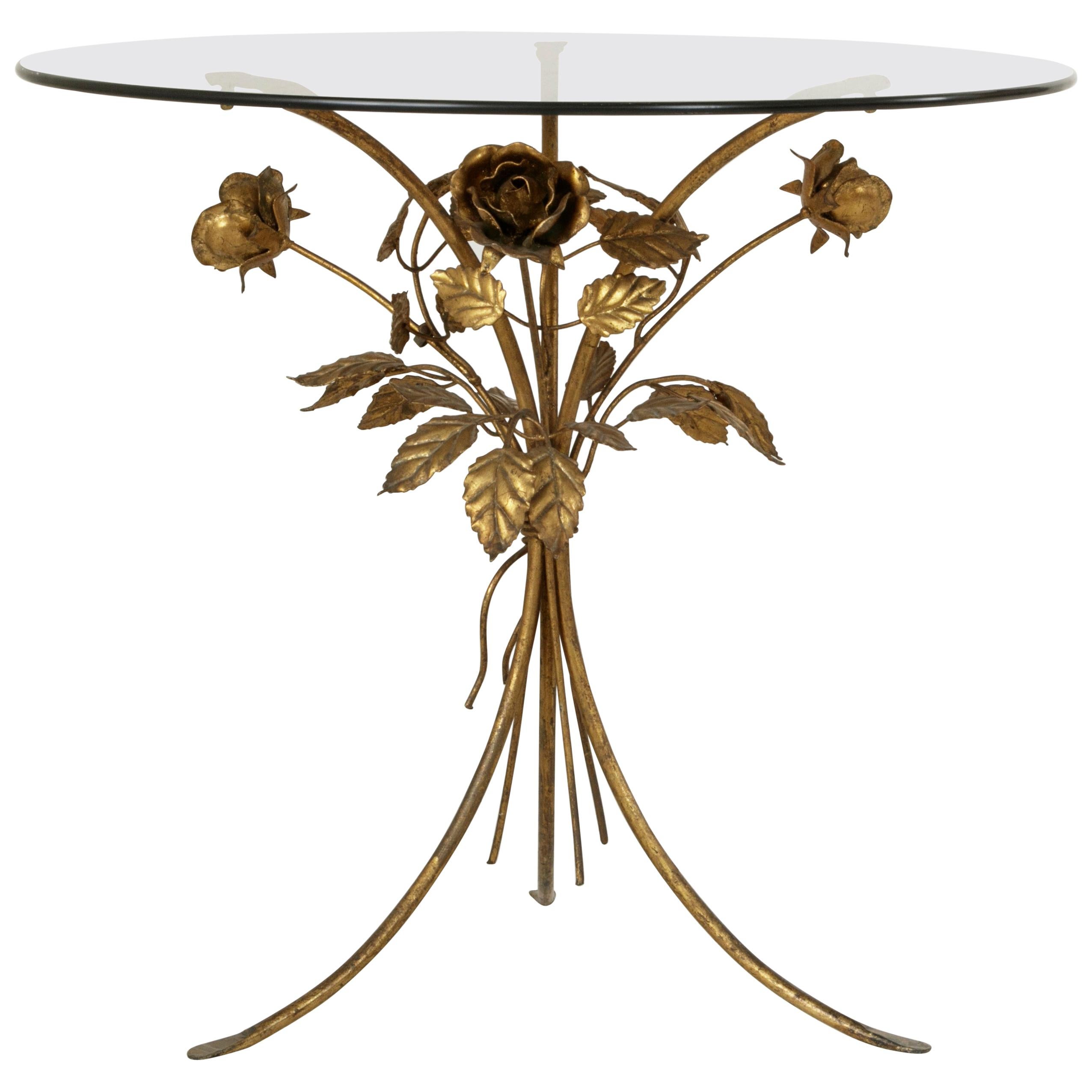 Midcentury Italian Gilt Metal Side Table with Roses and Smoked Glass Top
