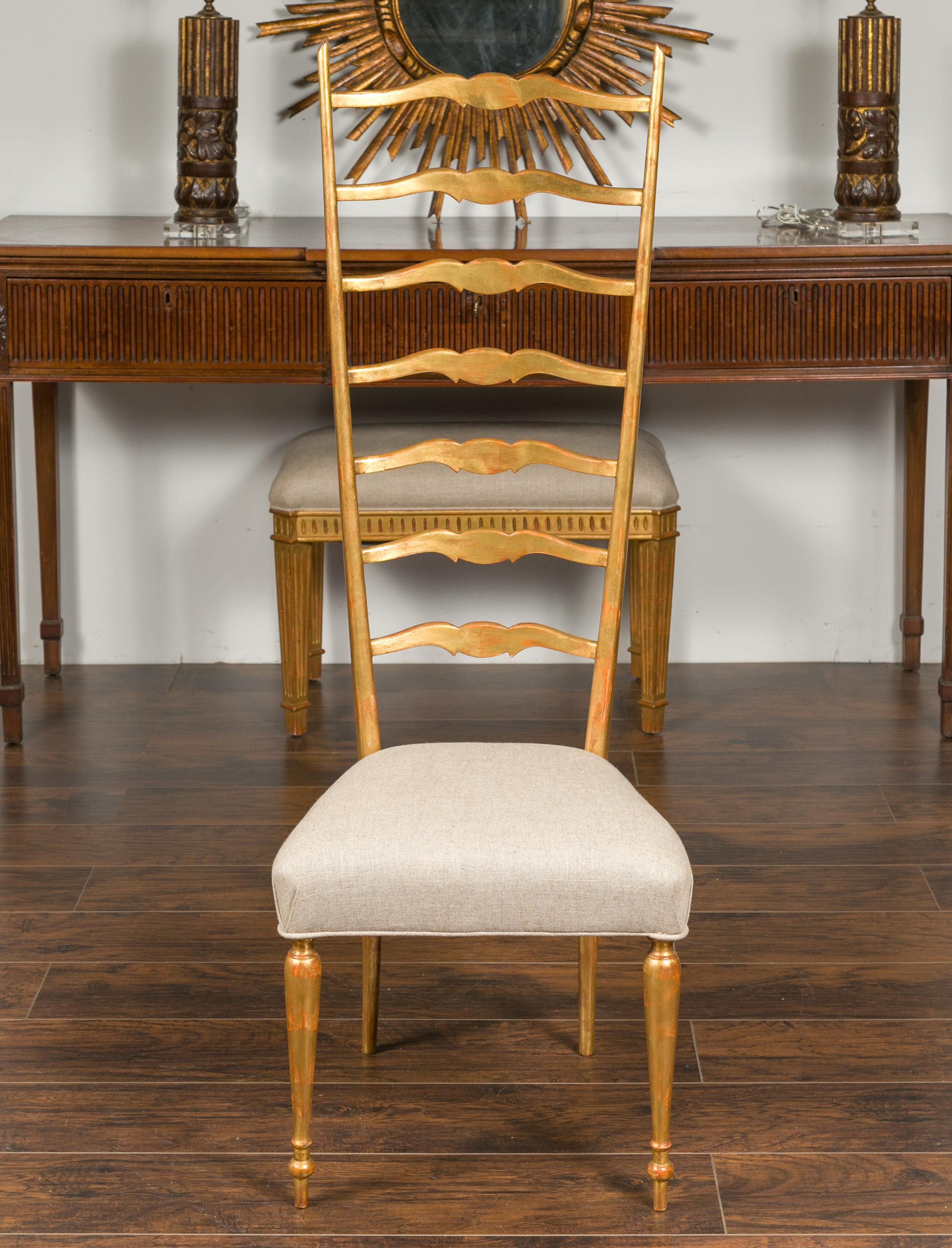 Midcentury Italian Giltwood High Ladder Back Chair with New Upholstery For Sale 6