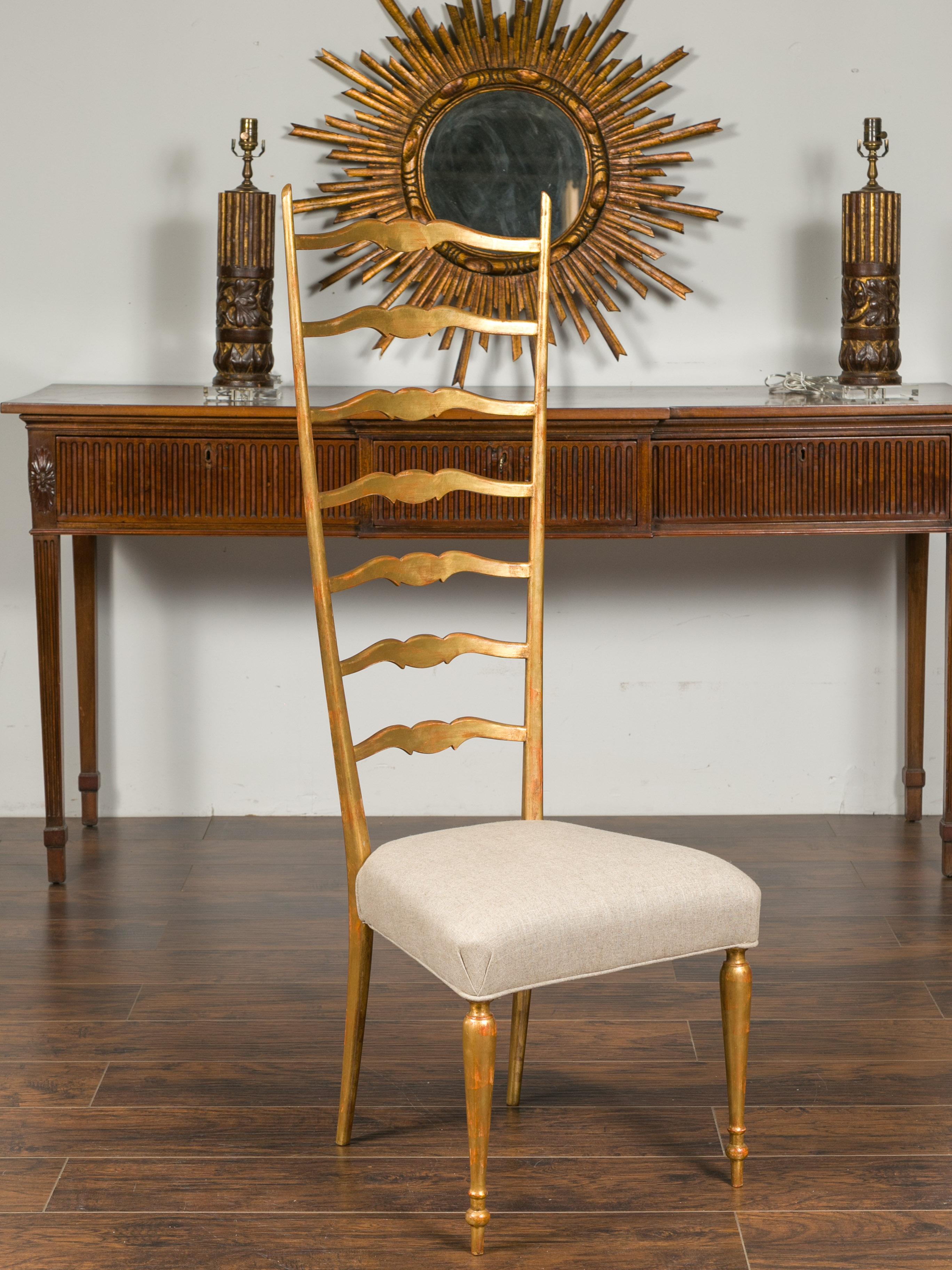 Midcentury Italian Giltwood High Ladder Back Chair with New Upholstery In Good Condition For Sale In Atlanta, GA