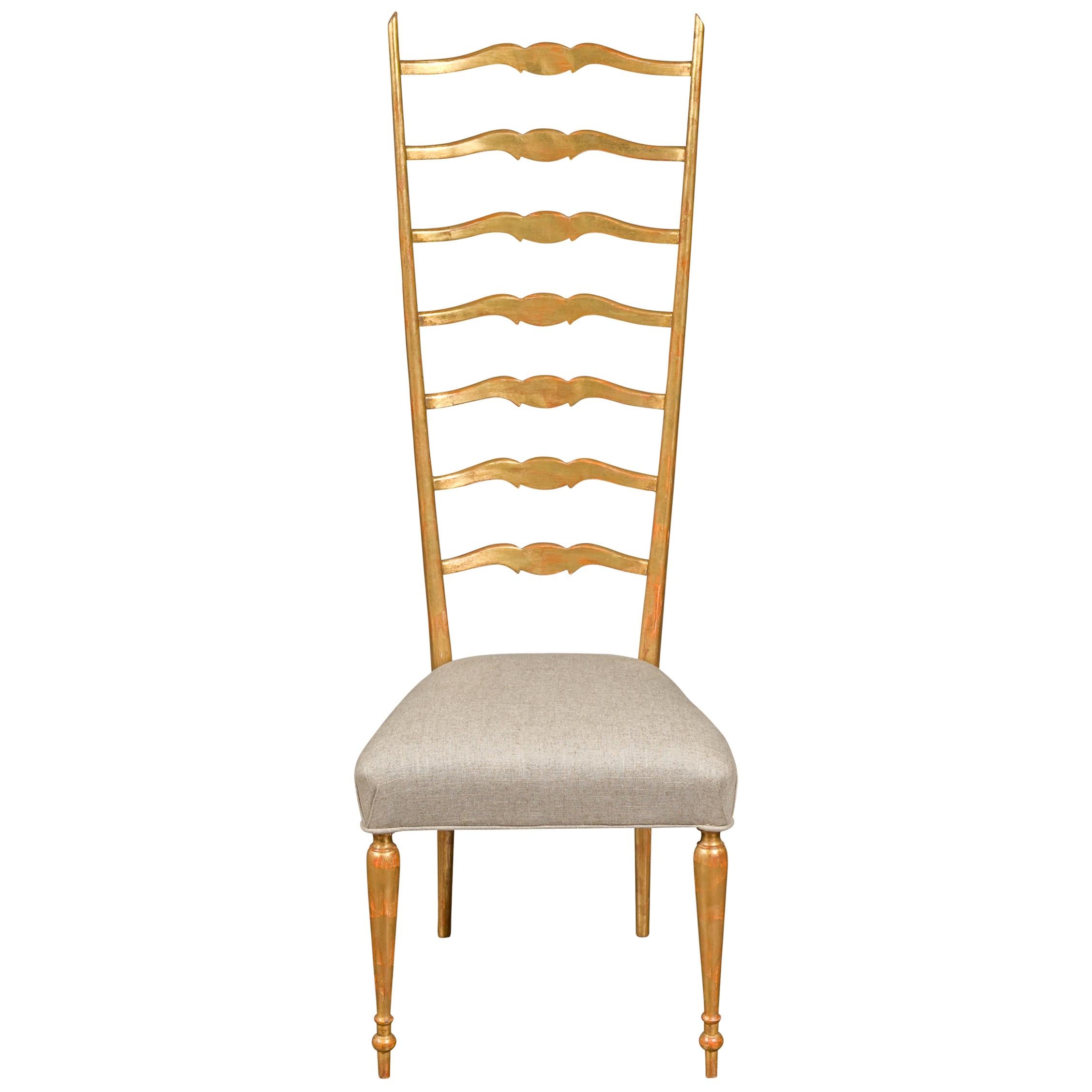 Midcentury Italian Giltwood High Ladder Back Chair with New Upholstery