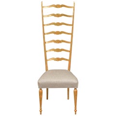 Retro Midcentury Italian Giltwood High Ladder Back Chair with New Upholstery