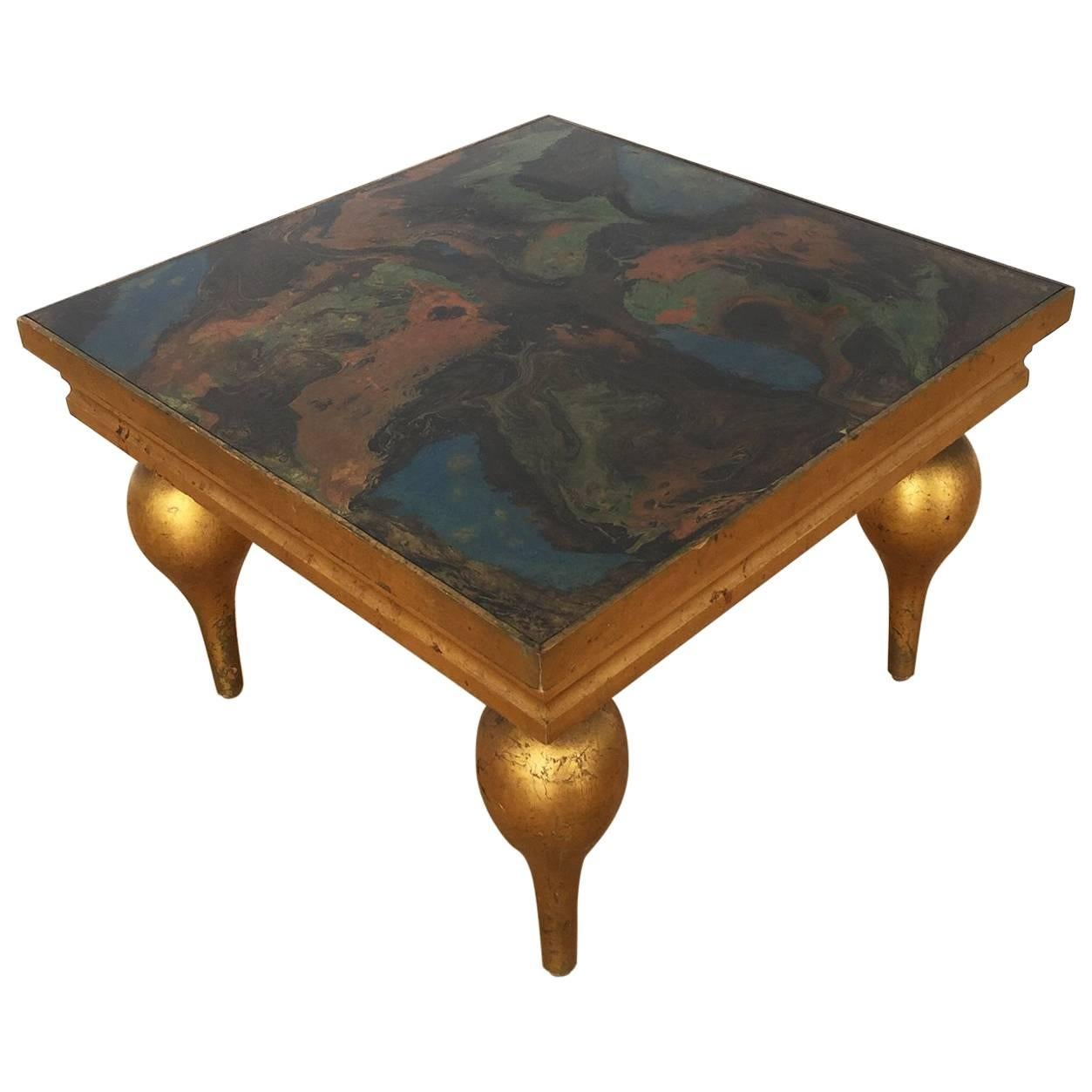 Midcentury Italian Giltwood Occasional Table with Marbleized Top, 1940s For Sale