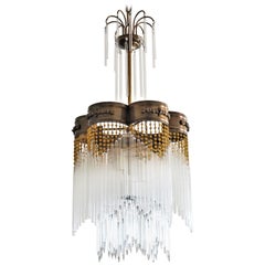 Midcentury Italian Glass and Faceted Crystal Rod Three-Light Chandelier