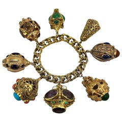 Antique Midcentury Italian Gold Etruscan Revival Charm Bracelet -8 Assorted Color Charms