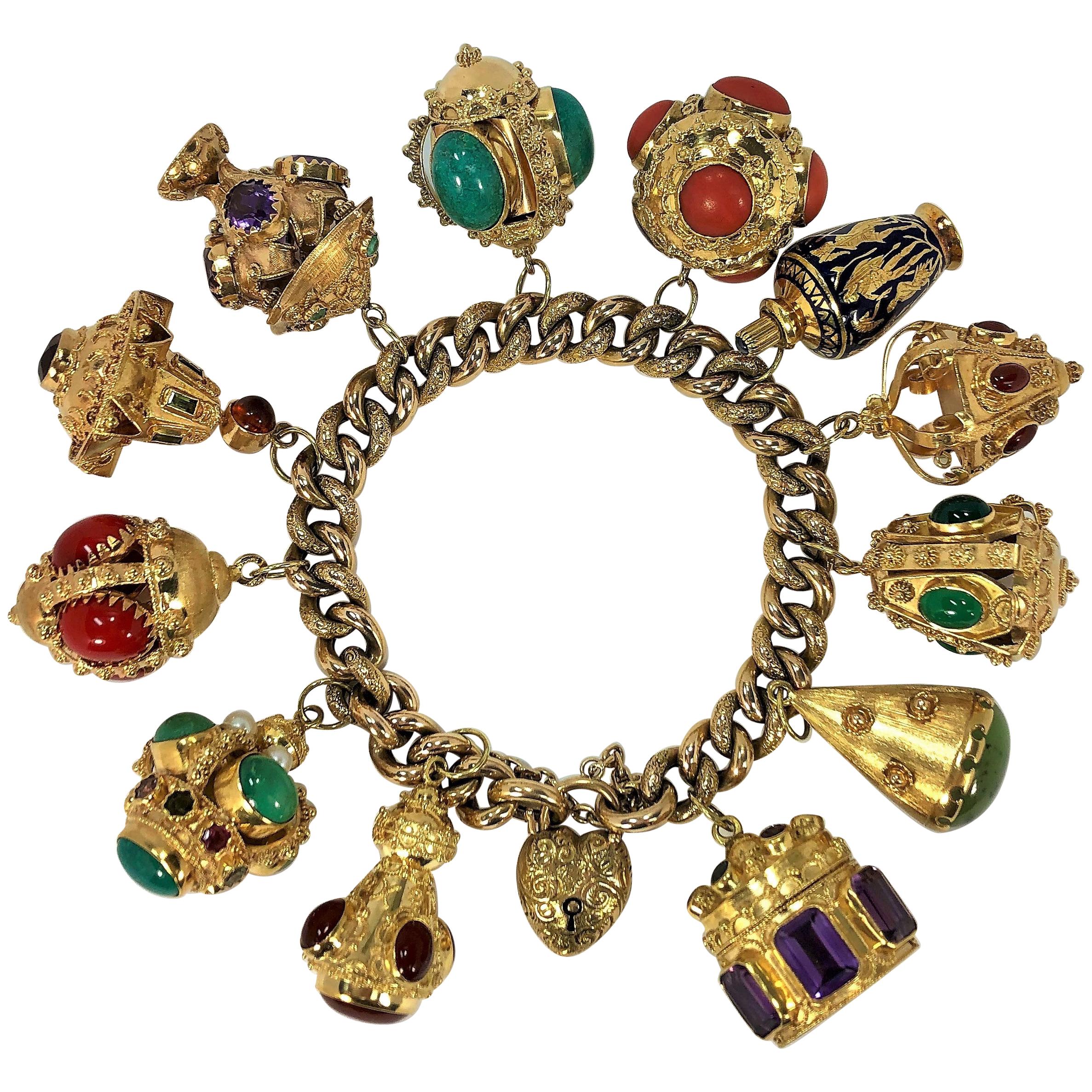 Midcentury Italian Gold Etruscan Revival Charm Bracelet-12 Assorted Color Charms For Sale
