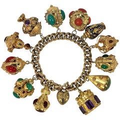 Vintage Midcentury Italian Gold Etruscan Revival Charm Bracelet-12 Assorted Color Charms