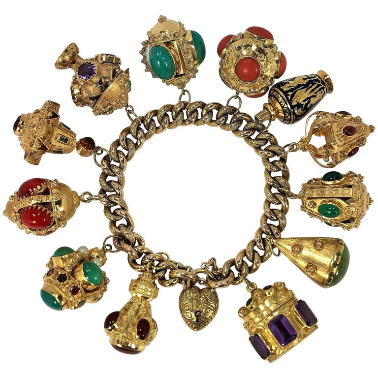 Midcentury Italian Gold Etruscan Revival Charm Bracelet-12 Assorted Color  Charms For Sale at 1stDibs | etruscan charm bracelet