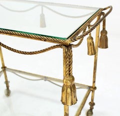 Midcentury Italian Gold Gilt Metal Rope and Tassels Glass Top Bar Tea Cart Wheel