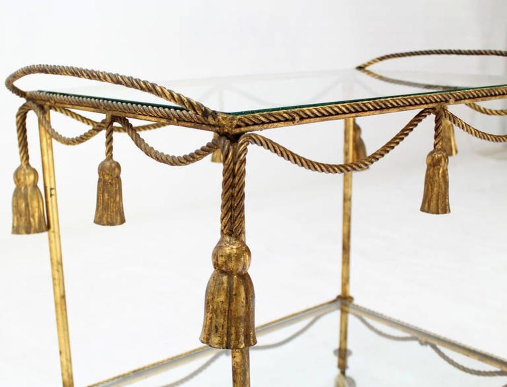 American Midcentury Italian Gold Gilt Metal Rope and Tassels Glass Top Bar Tea Cart Wheel For Sale