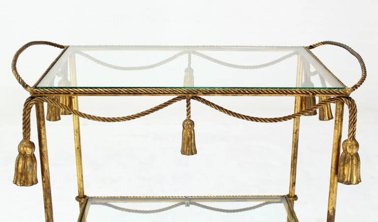 Midcentury Italienisch Gold vergoldet Metall Seil und Quasten Glasplatte Bar Teewagen Rad (Vergoldet) im Angebot