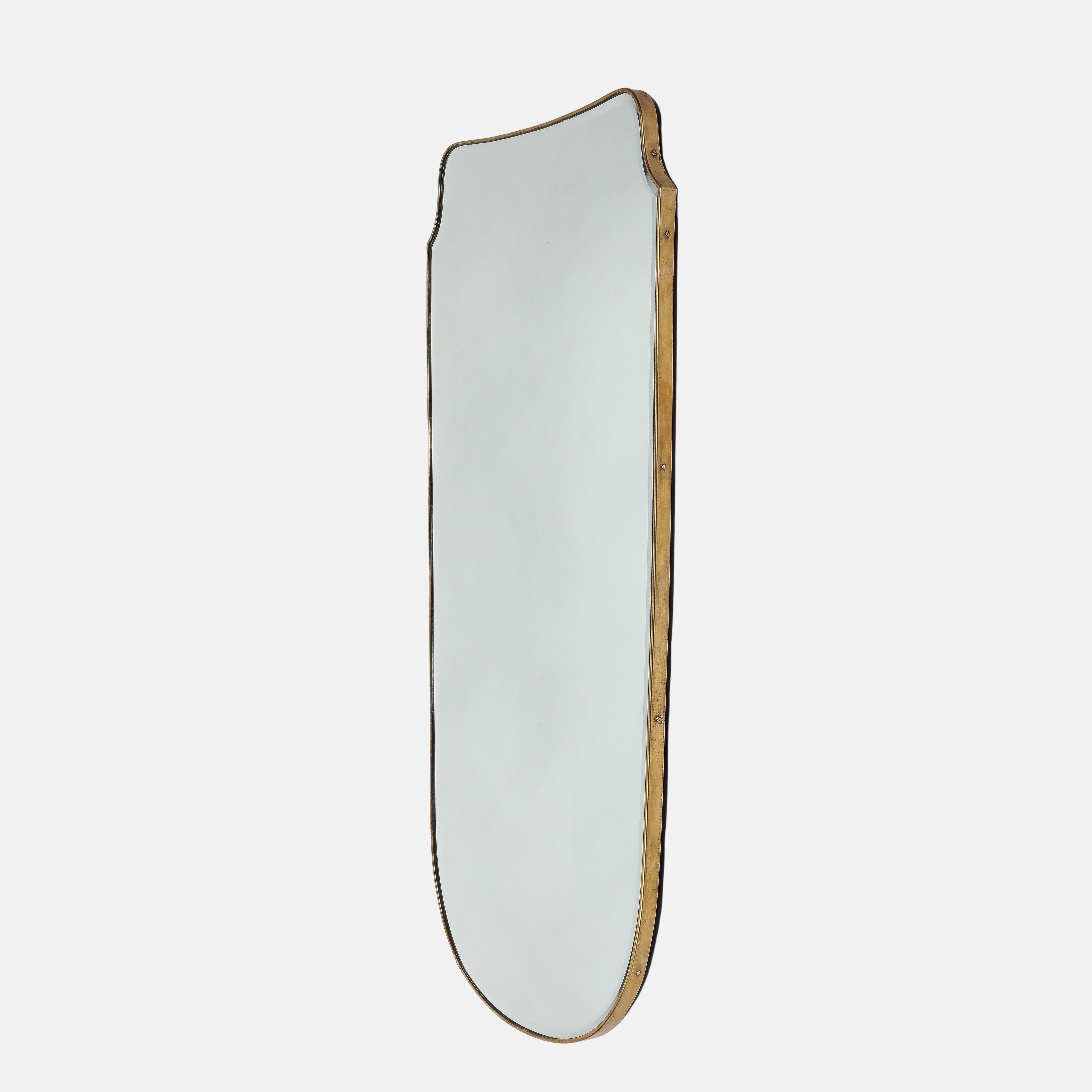 Mid-Century Modern Midcentury Italian Grand Scale Shield Shaped Brass Beveled Mirror 1950s For Sale