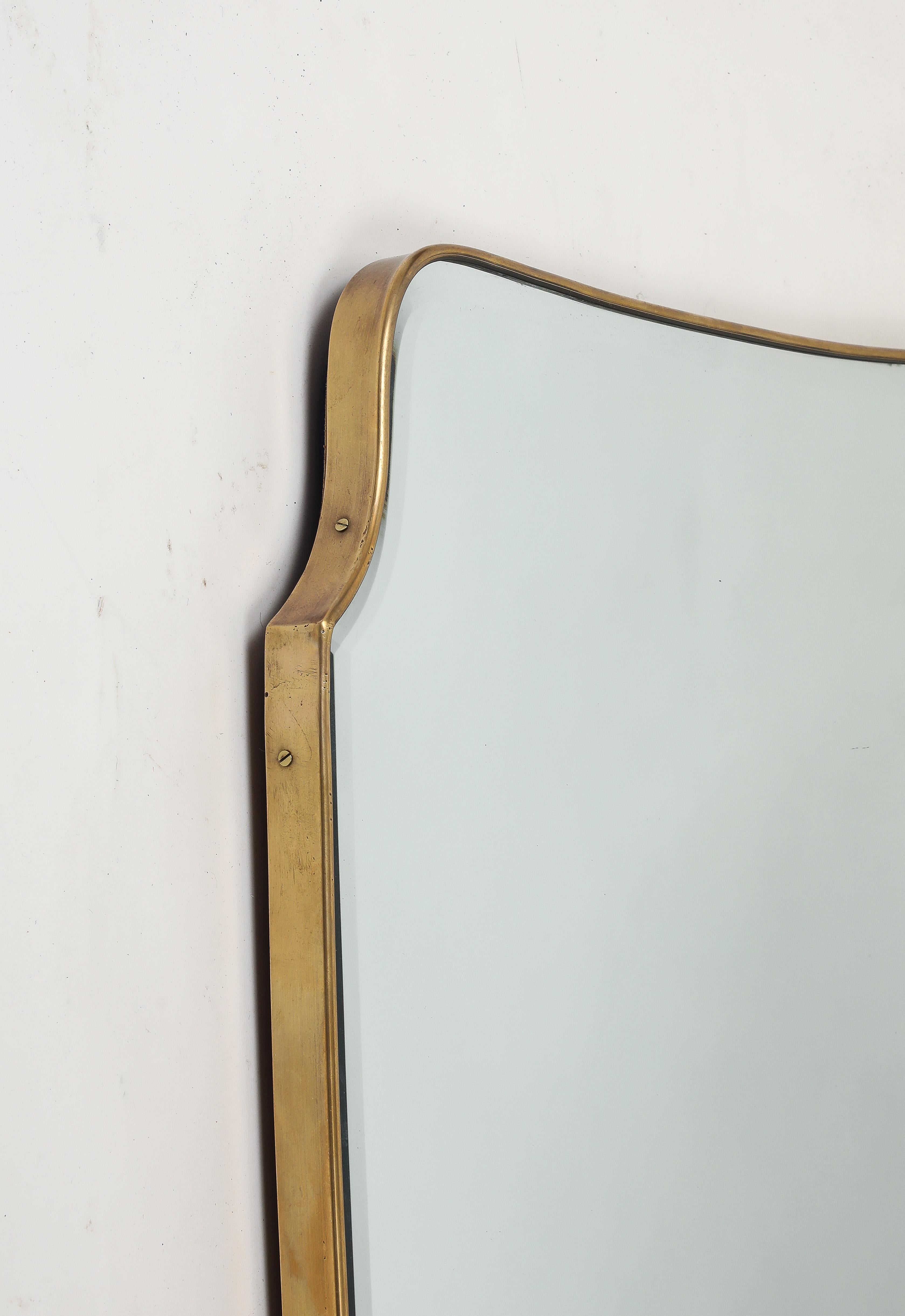 20th Century Midcentury Italian Grand Scale Shield Shaped Brass Beveled Mirror 1950s For Sale