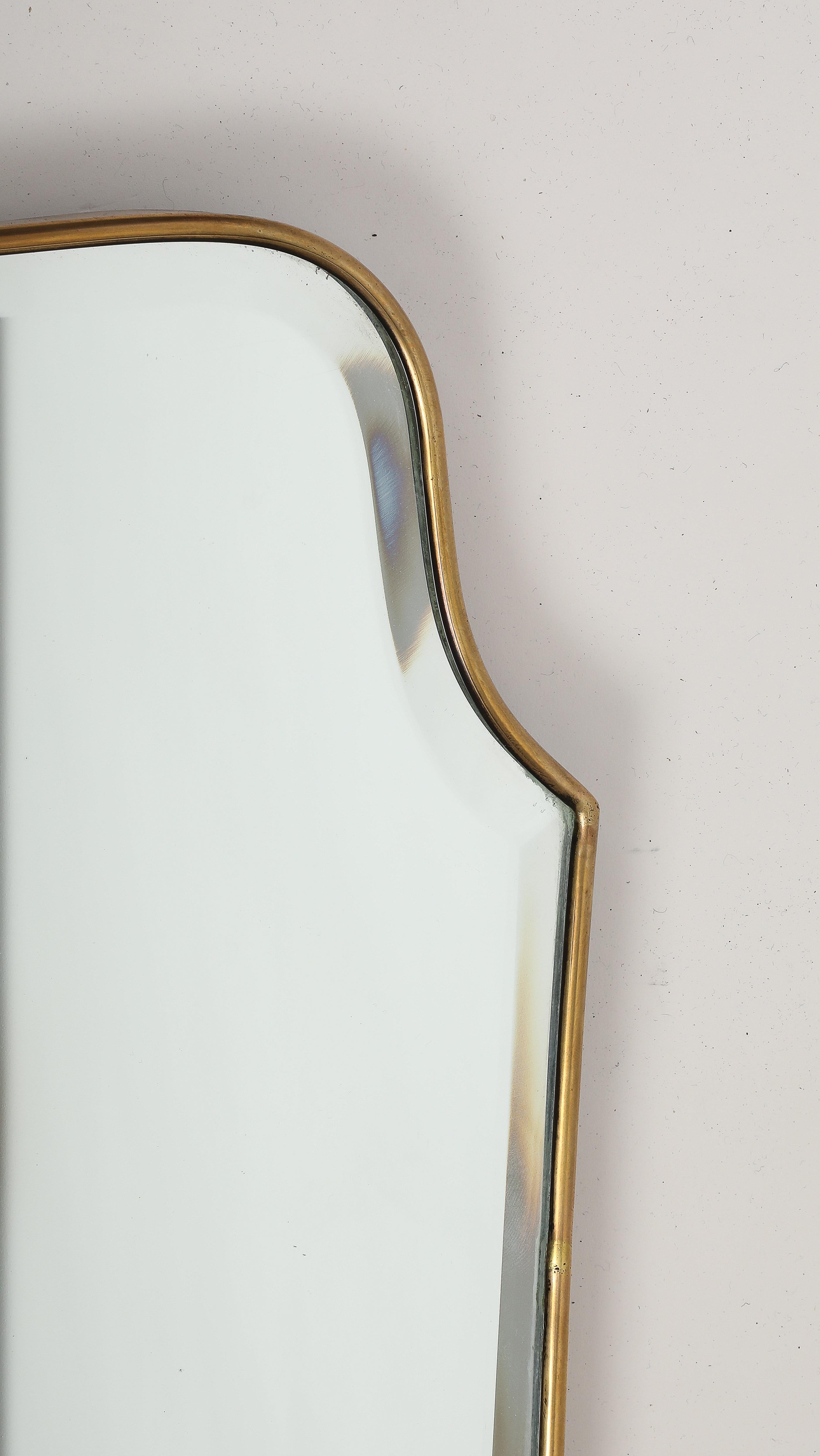 Midcentury Italian Grand Scale Shield Shaped Brass Beveled Mirror 1950s For Sale 2