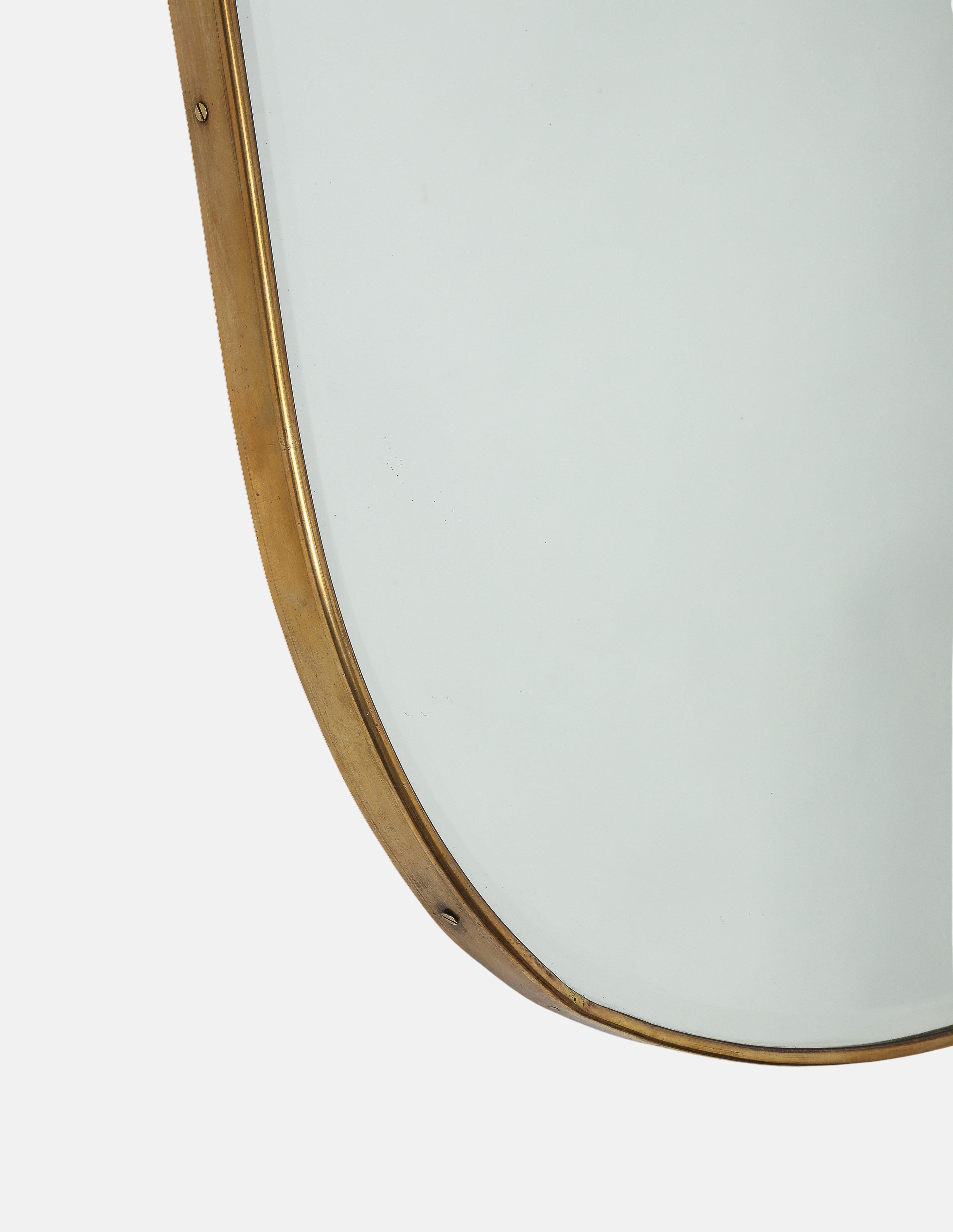 Midcentury Italian Grand Scale Shield Shaped Brass Beveled Mirror 1950s For Sale 4