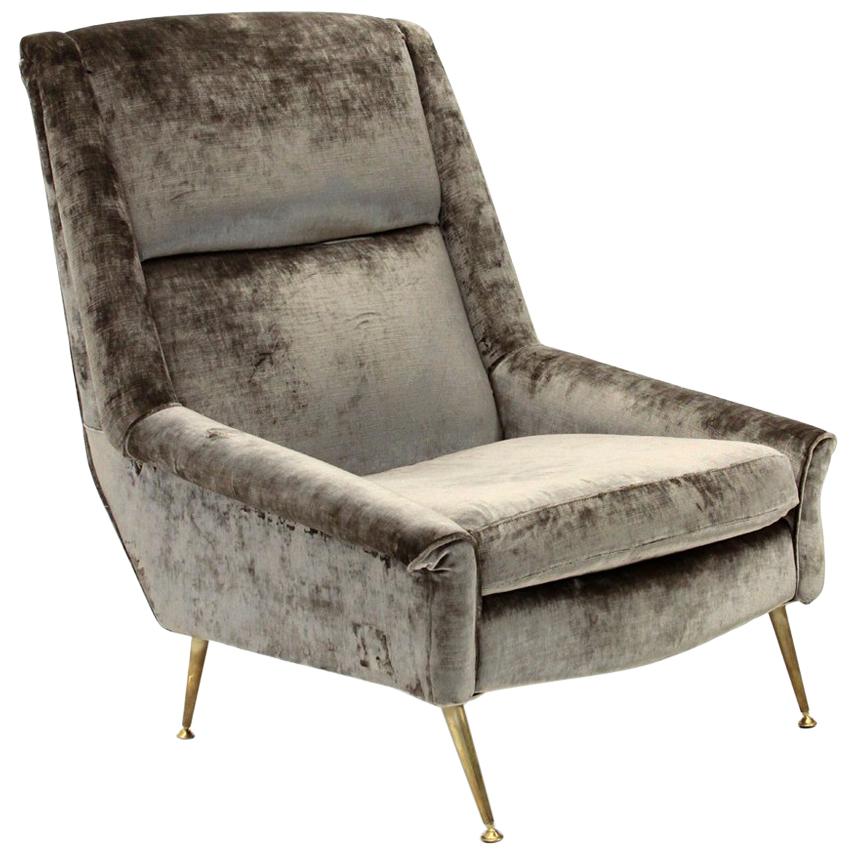 Midcentury Italian Gray Velvet Armchair, 1960s