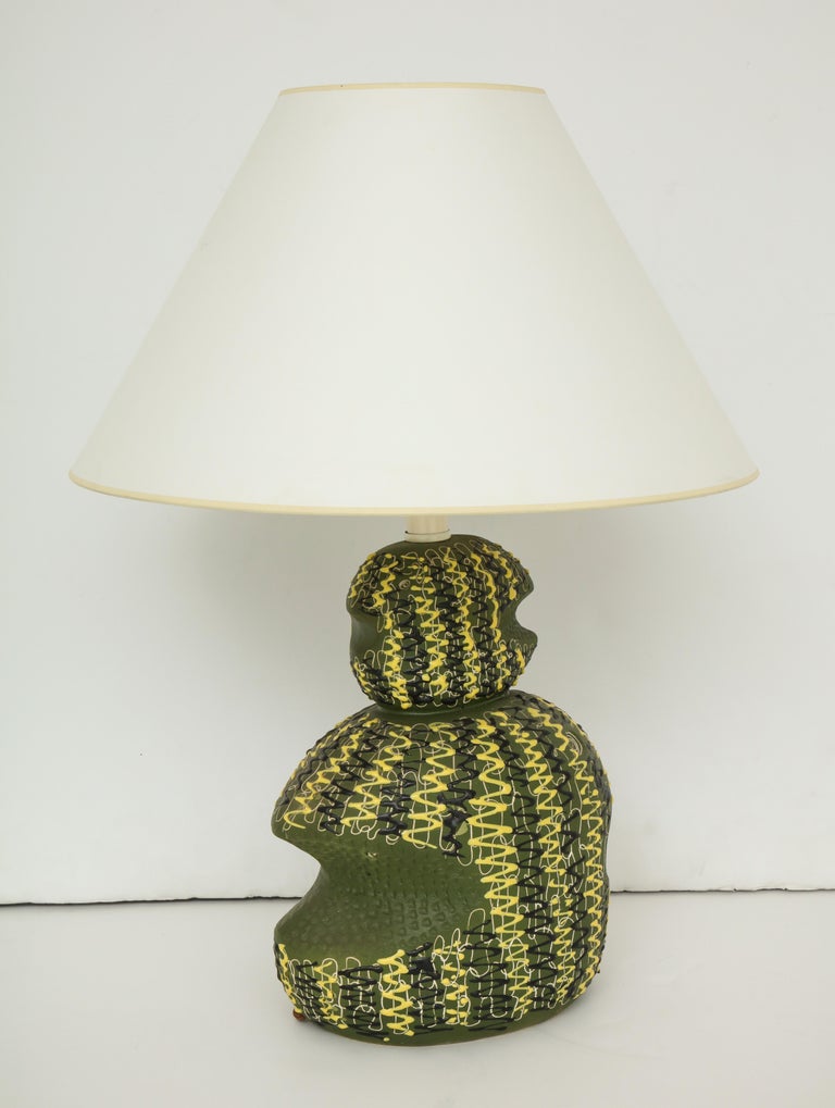 Midcentury Italian Green and Yellow Ceramic Table Lamp For Sale at 1stDibs