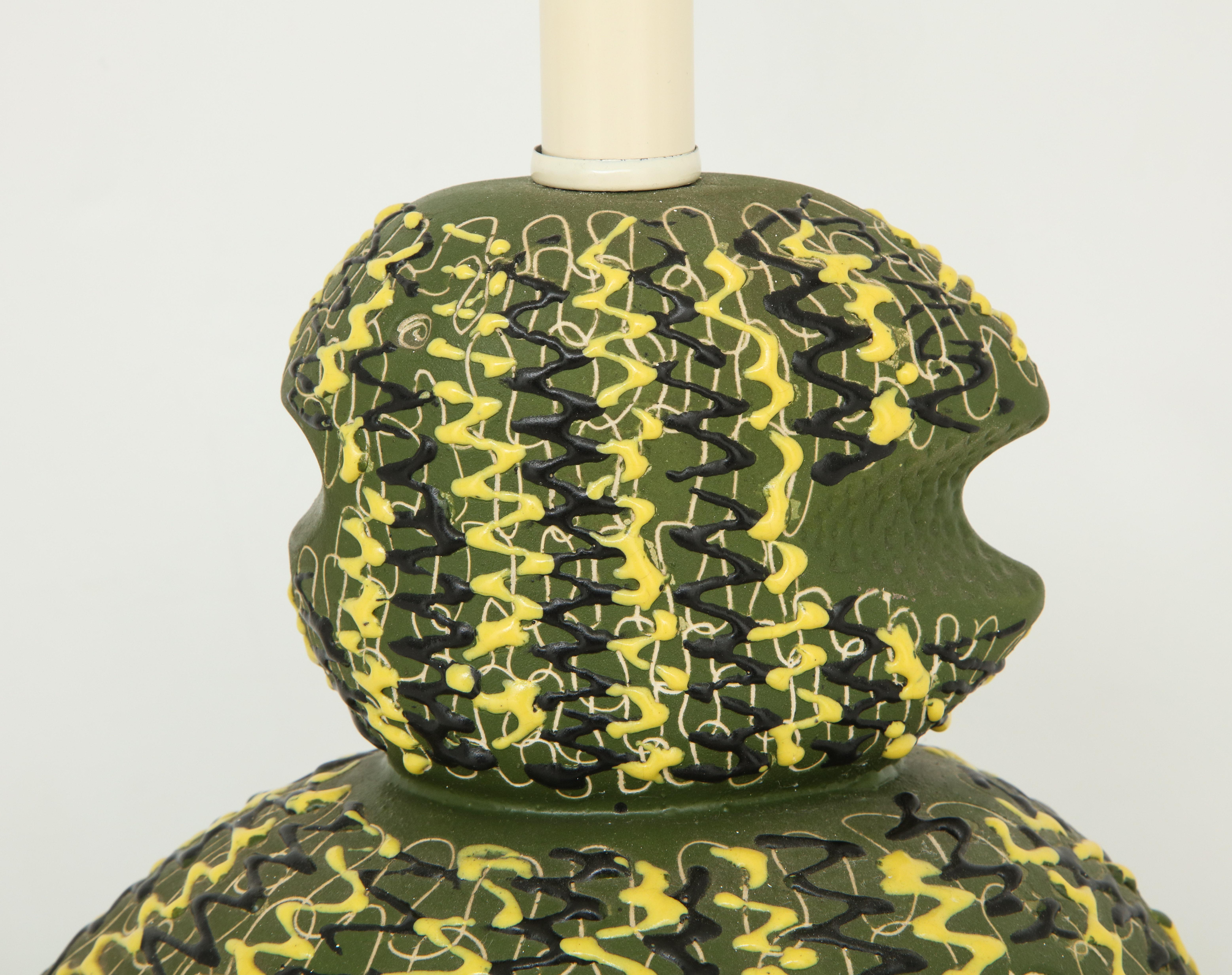 Metal Italian Midcentury Green & Yellow Ceramic Table Lamp For Sale