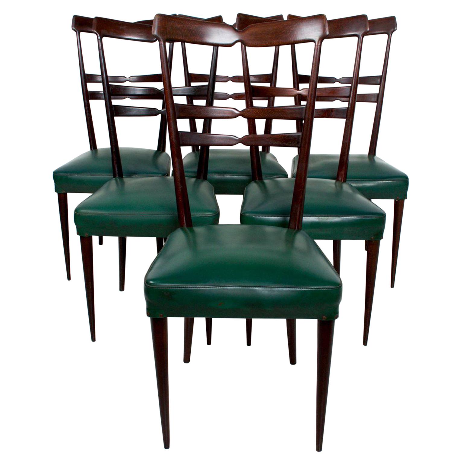 Midcentury Italy in the Style of Ico Parisi Set of 6 Green Dining Chairs 