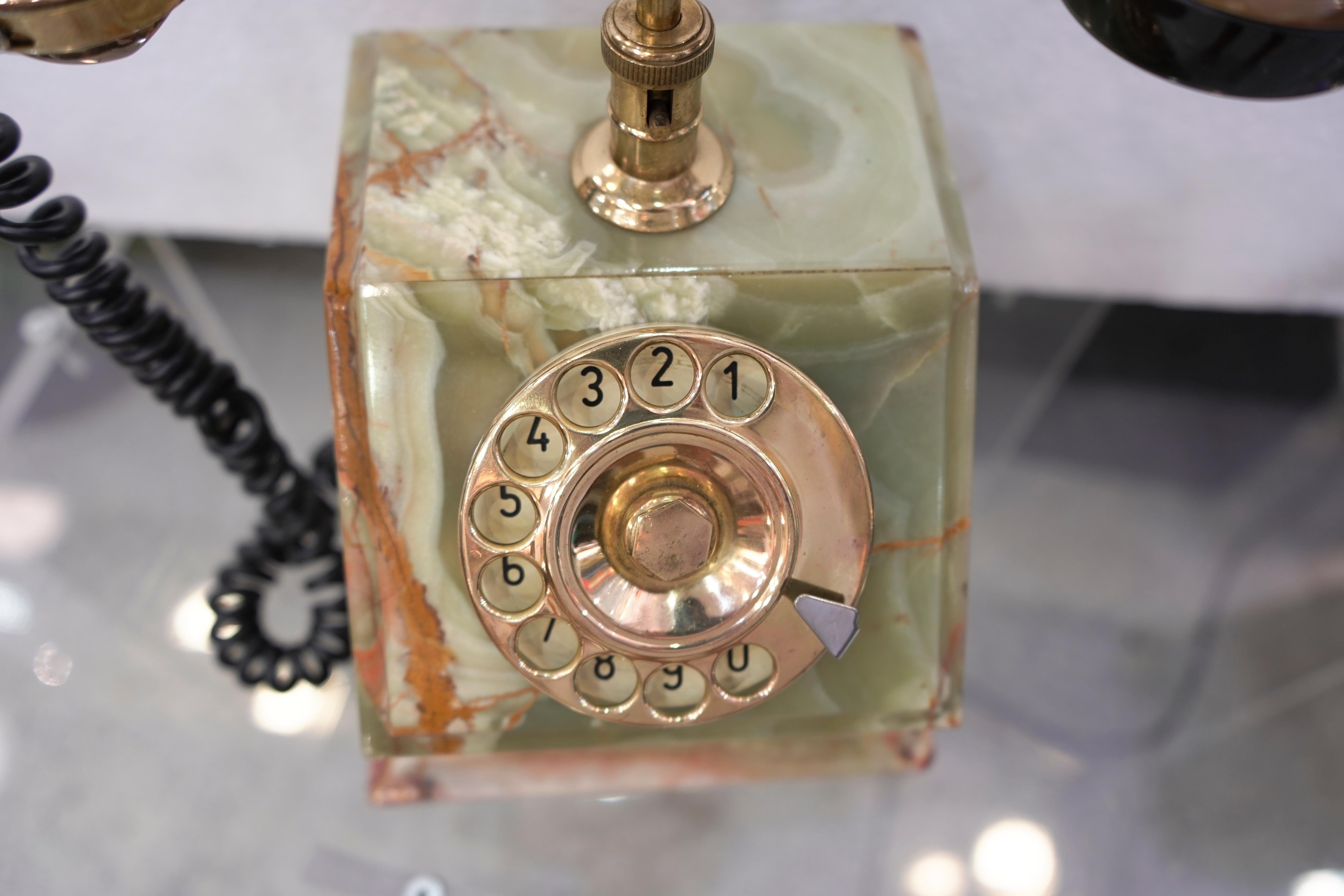 Mid-Century Modern Midcentury Italian Green Onix and Gilded Bronze Phone